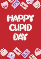 Playful Valentines Day banner with Happy Cupid Day text, surrounded by colorful love letters, hearts, and romantic messages on a red background. hand drawn greeting card vector