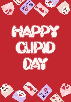Playful Valentines Day banner with Happy Cupid Day text, surrounded by colorful love letters, hearts, and romantic messages on a red background. hand drawn greeting card
