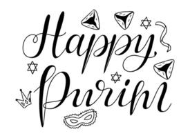 Elegant black and white calligraphy saying Happy Purim with illustrations of hamantaschen, masks, crowns, and Star of David. hand drawn lettering isolated on white background vector