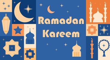 Modern modular Ramadan greeting design with crescent moon, stars, mosques, lanterns, and tasbih with Ramadan Kareem text, symbolizing Islamic culture and spirituality. abstract banner vector