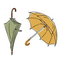 Doodle illustration of two umbrellas, one folded green and one open yellow with a classic wooden handle. drawings isolated on white background vector
