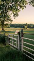 Cowboy hat on weathered fence amidst green fields, evokes rustic countryside charm Vertical Mobile Wallpaper photo
