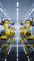 Factory with yellow robotic arms, highlighting automation and advanced technology Vertical Mobile Wallpaper photo