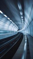 High speed train in motion blur captures velocity through tunnel toward glowing exit Vertical Mobile Wallpaper photo