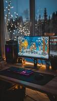 An evening workspace with a colorful monitor, glowing keyboard, and snowy window view Vertical Mobile Wallpaper photo