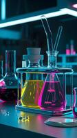 Lab counter with vibrant yellow and pink liquids in glass bottles under glowing lights Vertical Mobile Wallpaper photo