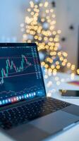 Laptop screen displaying stock market chart, with colorful candlestick patterns and golden bokeh Vertical Mobile Wallpaper photo