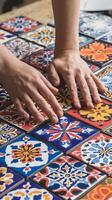 Hands rest on colorful patterned table or papers, showcasing intricate designs Vertical Mobile Wallpaper photo