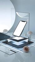 Floating smartphone on geometric platforms with sleek, minimalist design and soft lighting Vertical Mobile Wallpaper photo
