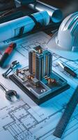 Building model on blueprints with construction tools, soft blue lighting for innovation Vertical Mobile Wallpaper photo