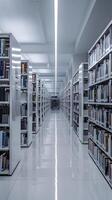 Modern library with white shelves, clean lines, and spacious reading environment Vertical Mobile Wallpaper photo