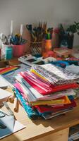 Vibrant fabrics and papers on wooden table, scissors and tools for crafting Vertical Mobile Wallpaper photo