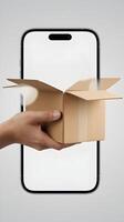 Smartphone displays hand holding a cardboard box, creating an augmented reality effect Vertical Mobile Wallpaper photo
