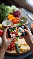 Food Display on Smartphone Hands hold smartphone displaying vibrant food against a kitchen backdrop Vertical Mobile Wallpaper photo
