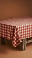 Checkered tablecloth on wooden table, creating warm, rustic dining setting Vertical Mobile Wallpaper photo