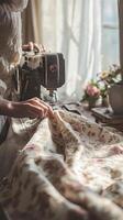 Vintage Sewing Machine and Floral Fabric - A Creative Craftswoman's Passion photo