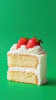 Scrumptious Strawberry Cake Slice on Vibrant Green Background photo