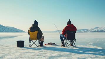 Two Men Ice Fishing on a Frozen Lake in Winter photo