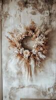 Boho Dried Flower Wreath on Rustic Wall photo