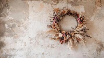 Rustic Dried Floral Wreath on a Distressed Wall photo