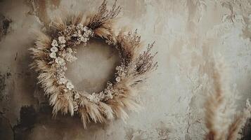 Elegant Dried Floral Wreath on a Textured Wall photo