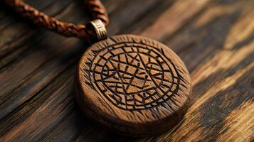 Intricate Wooden Pendant with Ancient Symbols photo