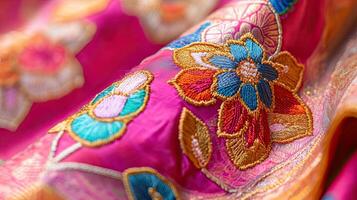 Intricate Floral Embroidery on Vibrant Pink Fabric photo