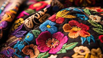 Vibrant Floral Embroidery on Black Textile photo