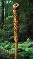Intricate Wood Carving Walking Stick in Forest photo
