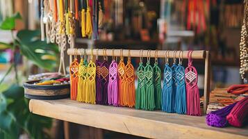 Vibrant Handmade Earrings Colorful Macrame Jewelry Display photo