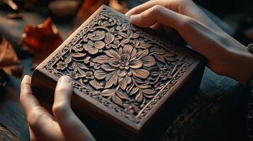 Intricate Carved Wooden Box with Floral Design photo