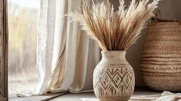 Bohemian Style Vase with Dried Plants and Woven Basket photo