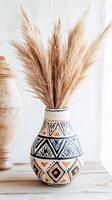 Hand-Painted Ceramic Vase with Pampas Grass - Boho Home Decor photo