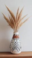 Hand Painted Vase with Dried Pampas Grass - Boho Home Decor photo