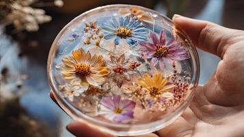 Delicate Pressed Flowers in Resin Coaster - Exquisite Floral Art photo