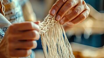 Close-up of Hands Weaving with Natural Fibers photo