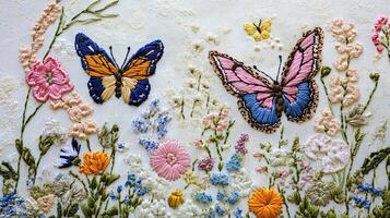 Exquisite Embroidered Floral Meadow with Butterflies photo