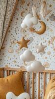 Adorable Baby Mobile with Felt Clouds, Stars, and Moon. Nursery Decor Ideas. photo