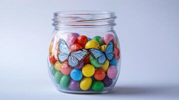 Colorful Candies in a Glass Jar with Butterflies photo