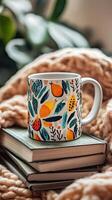 Floral Patterned Mug, Cozy Reading Nook photo