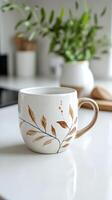 Elegant White Coffee Mug with Delicate Leaf Design photo