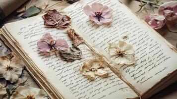 Antique Book with Dried Flowers and Handwritten Notes photo