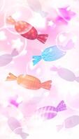 Assorted colorful wrapped candies with patterns floating on a pink dreamy background with bubbles and stars. Abstract illustration with copy space. Sweet and festive design for banners and wallpapers. vector