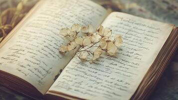 Vintage Open Book with Dried Flowers - A Timeless Story photo