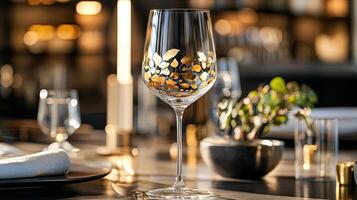 A Wine Glass Adorned with Gold Leaf for an Elegant Dining Experience photo