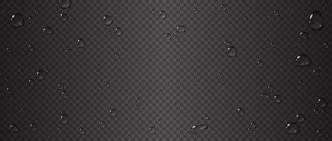 Transparent water droplets on a dark checkered background. illustration with glossy details for overlay effects and design elements. Realistic texture for overlay and design. vector