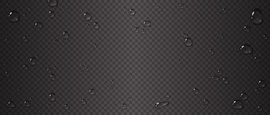Transparent water droplets on a dark checkered background. illustration with glossy details for overlay effects and design elements. Realistic texture for overlay and design.