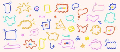 Set of hand drawn doodle speech bubbles in various shapes. Colorful bold outline text boxes, simple frames, dialog balloons, text clouds in kids drawing style. Creative comic design elements. vector