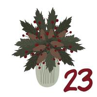Advent is a Christmas calendar, a bouquet of fir branches and cones with berries. A greeting card for printing. Illustration. vector