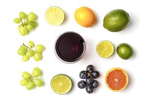 Wine, grapefruit, orange, lime and grapes forming a pattern on white background photo